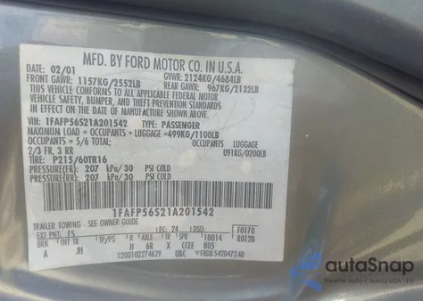 2001 Ford Taurus Sel from USA, damaged, VIN 1FAFP56S21A201542